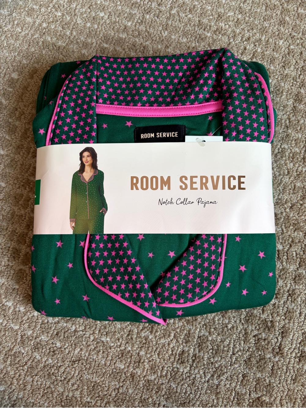 Room Service Women's Green Pink Star Pajama Set- XL- Cottagecore Girly Whimsical